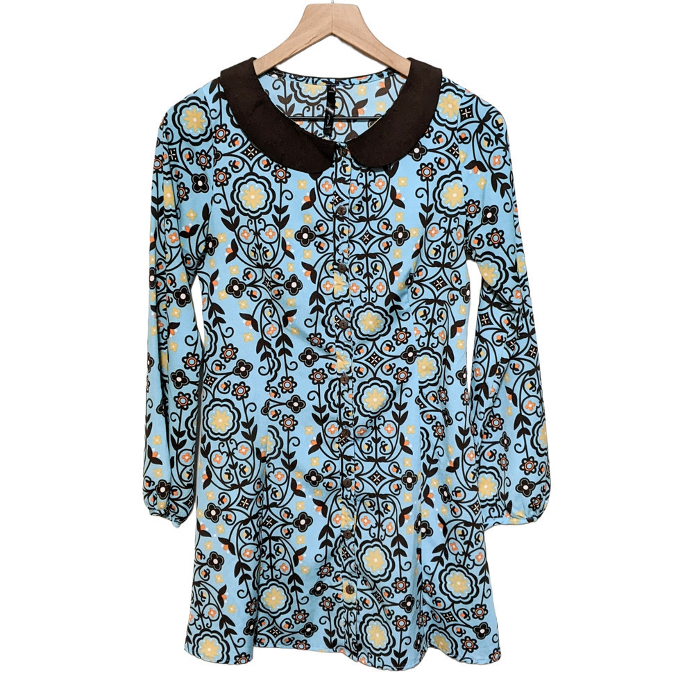 Mona B S Blue Floral Button Up Front Long Puff Sleeve Dress Peter Pan Collared
